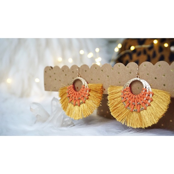 NEW! Mustard Tassel Triple Hoop Earrings - Picture 6 of 8